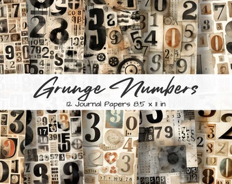 Può includere: Un pacchetto di carta digitale con 12 carte da giornale in stile grunge che presentano un collage di numeri neri su uno sfondo beige. Il testo "Grunge Numbers" e "12 Journal Papers 8.5 x 11 in" è stampato su uno striscione bianco.