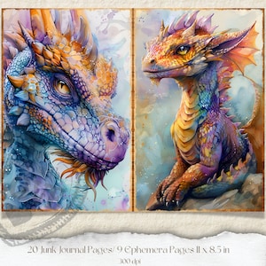 May include: Two colorful dragon illustrations, one with a blue and purple body and the other with a yellow and orange body. Both dragons have a watercolor effect and are set against a white background.