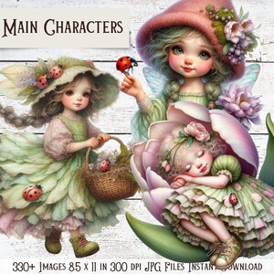 Puede incluir: Ilustraci&oacute;n digital con tres figuras de hadas. Una hada sostiene una mariquita, otra lleva una cesta y una tercera duerme dentro de una flor. Las hadas visten vestidos en tonos verdes, rosas y morados. El texto "Main Characters" est&aacute; en la parte superior.