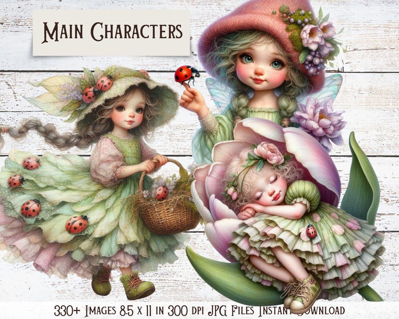 Puede incluir: Ilustraci&oacute;n digital con tres figuras de hadas. Una hada sostiene una mariquita, otra lleva una cesta y una tercera duerme dentro de una flor. Las hadas visten vestidos en tonos verdes, rosas y morados. El texto "Main Characters" est&aacute; en la parte superior.