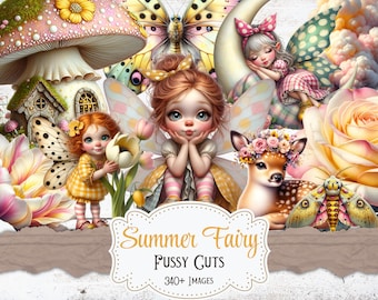 Puede incluir: Ilustración digital caprichosa con hadas, un ciervo con una corona floral y una polilla. La escena incluye una casa de hongos, mariposas y rosas. Se muestra el texto "Summer Fairy" y "Fussy Cuts".