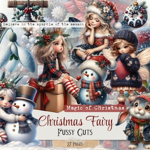 May include: A whimsical illustration featuring Christmas-themed characters, including fairies, a snowman, and a rabbit, with the text "Magic of Christmas" and "Christmas Fairy Fussy Cuts". The image has a soft, pastel color palette with decorative elements.