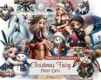 May include: A whimsical illustration featuring Christmas-themed characters, including fairies, a snowman, and a rabbit, with the text "Magic of Christmas" and "Christmas Fairy Fussy Cuts". The image has a soft, pastel color palette with decorative elements.
