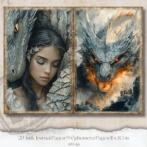 May include: A fantasy-themed junk journal spread featuring a woman and a dragon. The left page shows a woman with closed eyes, a dragon's head, and stone textures. The right page depicts a dragon with fiery breath and a battle scene. Text: 20 Junk Journal Pages/9 Ephemera Pages 11 x 8.5 in.