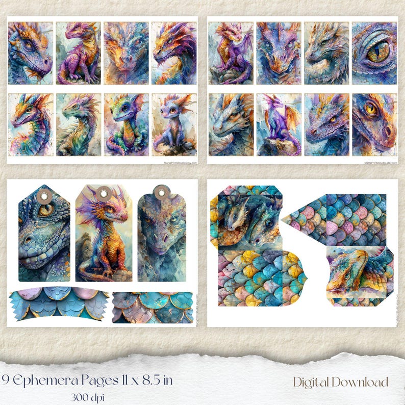 May include: Nine printable digital pages featuring watercolor illustrations of dragons and dragon scales. The pages are 8.5 inches by 11 inches and 300 dpi. Digital Download.