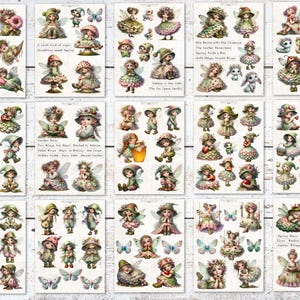 Puede incluir: Una colecci&oacute;n de pegatinas de hadas de estilo vintage, que presentan hadas en varias poses y atuendos. Las hadas est&aacute;n adornadas con alas, sombreros y vestidos en suaves tonos pastel. Tambi&eacute;n hay mariposas y elementos florales.