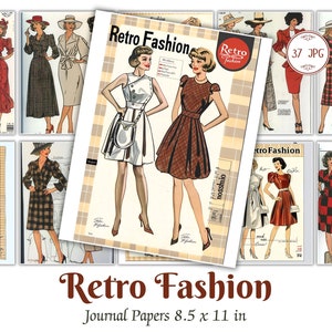 Páginas imprimíveis de moda vintage dos anos 1950, diário de moda, padrões de costura dos anos 60 e 70, suprimentos para scrapbook, itens efêmeros da moda, download instantâneo