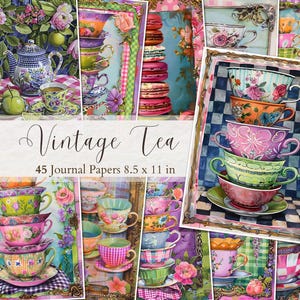 Páginas de diário de chá vintage, imprimíveis de xícaras de chá, suprimentos para scrapbooking de chá vitoriano, papéis digitais para chá da tarde, itens efêmeros