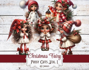 May include: Digital illustration of five Christmas fairies. Each fairy is dressed in festive red and white plaid outfits, hats, and bows. The fairies have large eyes and wings. The image includes the text "Christmas Fairy Fussy Cuts Vol. 1".