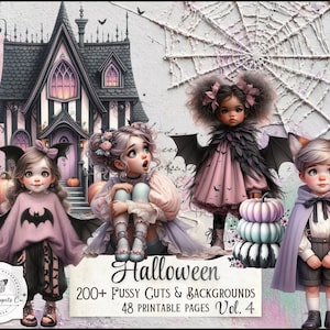 May include: A digital collection of Halloween-themed illustrations featuring four children in costumes, a haunted house, and a spiderweb. The text reads: Halloween, 200+ Fussy Cuts & Backgrounds, 48 Printable Pages Vol. 4, Paper Snippets Co.