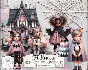 Puede incluir: Una colección digital de ilustraciones con temática de Halloween que muestra a cuatro niños disfrazados, una casa embrujada y una telaraña. El texto dice: Halloween, 200+ Fussy Cuts & Backgrounds, 48 Printable Pages Vol. 4, Paper Snippets Co.