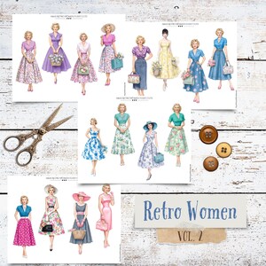 May include: A selection of paper cutouts depicting retro women in dresses and outfits, alongside decorative scissors and three brown buttons. The text "Retro Women Vol. 2" is displayed on a label.