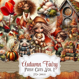 Puede incluir: Ilustración digital con temática otoñal, con hadas, un cerdito, una calabaza, setas y una cabaña. El texto "Autumn Fairy Fussy Cuts Vol. 1" se muestra en un marco decorativo, con más de 270 imágenes.