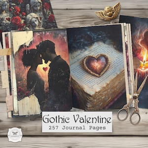 May include: Gothic Valentine journal with 257 pages. The open journal shows a couple kissing with a heart between them. A heart-shaped embellishment sits on the aged pages. The image includes a cherub, roses, and scissors.