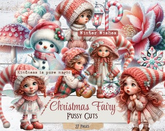 May include: A digital illustration featuring Christmas fairies and a snowman, all adorned in festive winter attire. The image includes text that reads "Winter Wishes", "Kindness is pure magic", and "Christmas Fairy Fussy Cuts".