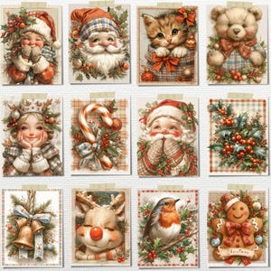 May include: A collection of Christmas-themed greeting cards. The cards feature illustrations of Santa Claus, a kitten, a teddy bear, a girl, a candy cane, holly, bells, a reindeer, a robin, and a gingerbread man. Each card has a festive design with red, green, and gold accents.