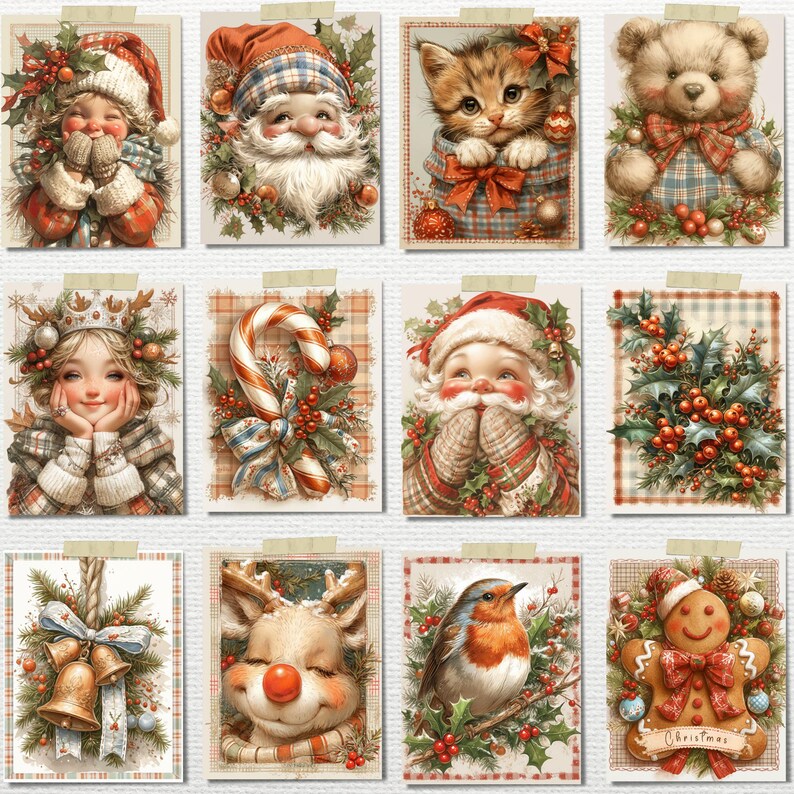 May include: A collection of Christmas-themed greeting cards. The cards feature illustrations of Santa Claus, a kitten, a teddy bear, a girl, a candy cane, holly, bells, a reindeer, a robin, and a gingerbread man. Each card has a festive design with red, green, and gold accents.