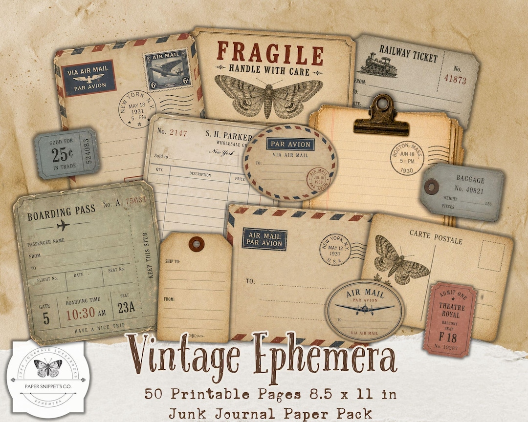 Vintage Ephemera Printable Pages, Junk Journal Paper Pack, Antique ...