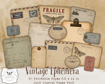 Vintage Ephemera Pack, Printable Junk Journal Supplies, Vintage Tickets, Labels & Tags (Digital Download)