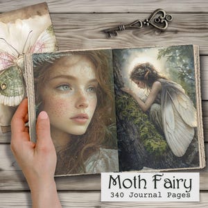 Op de afbeelding: Een open dagboek met illustraties van een vrouw en een fee, met de tekst "Moth Fairy" en "340 Journal Pages". Een vintage sleutel en een vlinderillustratie zijn ook aanwezig. Het dagboek wordt door een persoon vastgehouden.