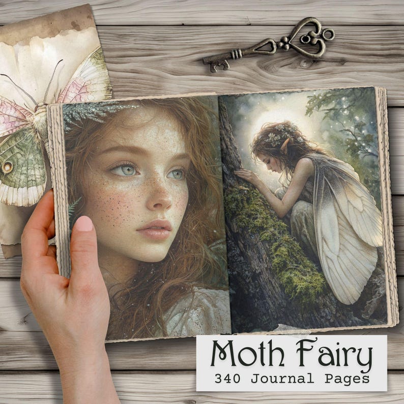 Op de afbeelding: Een open dagboek met illustraties van een vrouw en een fee, met de tekst "Moth Fairy" en "340 Journal Pages". Een vintage sleutel en een vlinderillustratie zijn ook aanwezig. Het dagboek wordt door een persoon vastgehouden.
