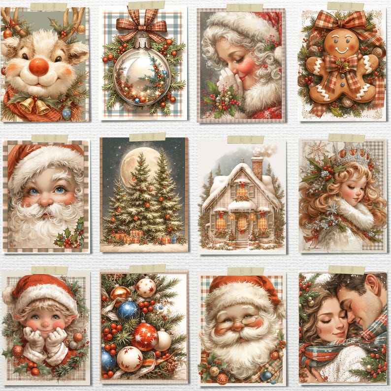 May include: A collection of twelve Christmas-themed cards. The cards feature illustrations of Santa Claus, reindeer, gingerbread men, Christmas trees, and other festive elements. Each card is mounted on a plaid background and taped to a surface.