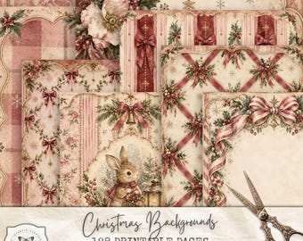Vintage Christmas Background Papers, 128 Printable Junk Journal Pages, Victorian Christmas Scrapbook Paper, Pink Christmas Digital Papers