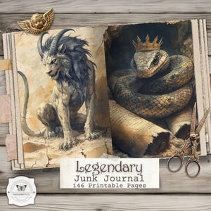 Puede incluir: Diario basura abierto con dos ilustraciones de fantasía: una criatura parecida a un león con cuernos y una serpiente coronada. El diario está etiquetado como "Legendary Junk Journal" con 146 páginas imprimibles. Incluye un ángel decorativo y unas tijeras.