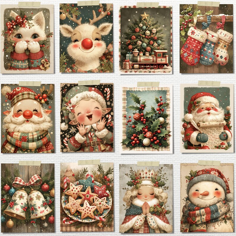May include: A collection of twelve vintage-style Christmas cards. Each card features a different festive illustration, including a cat, reindeer, Christmas tree, Santa Claus, elf, holly, bells, cookies, a queen, and a snowman. The cards are attached to a wooden background.