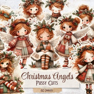 May include: A collection of Christmas angel fussy cuts. The angels have red hair, wings, and wear festive outfits with holly berry wreaths. The text "Christmas Angels" and "Fussy Cuts" is displayed.