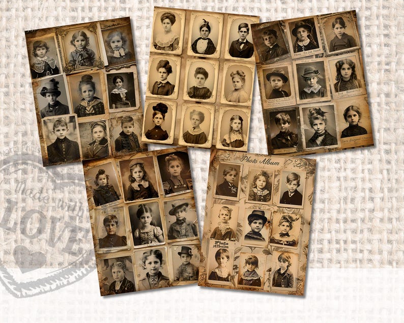 May include: A vintage photo album with a collage of black and white photos of children. The album has a brown paper cover with the words "Photo Album" printed on it.