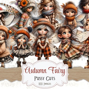 Könnte beinhalten: Eine digitale Illustration mit mehreren Feenfiguren in herbstlichen Outfits. Die Feen tragen Hüte, Schals und Pullover in Orange-, Braun- und Beigetönen. Das Bild enthält den Text "Autumn Fairy" und "Fussy Cuts 100 Images".