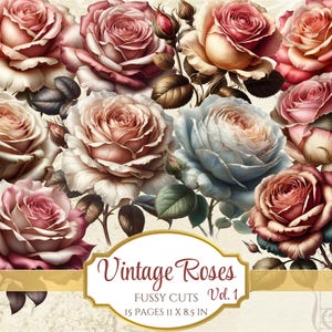 Könnte beinhalten: Vintage Roses Fussy Cuts Vol. 1, ein digitales Papierpaket mit 15 Seiten mit Bildern von Vintage-Rosen in verschiedenen Rosatönen, Rot- und Blautönen, jeweils 28 x 21,6 cm groß.