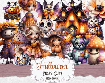Könnte beinhalten: Eine digitale Collage mit Halloween-Illustrationen. Das Bild zeigt Puppen, eine Fledermaus, ein Spukhaus, eine Eule, Kürbisse und einen Pilz. Der Text "Halloween Fussy Cuts" wird mit "280+ Images" angezeigt. Die Farbpalette umfasst Orange, Lila und Schwarz.