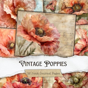 Pagine del diario di Poppy Junk, papaveri vintage, stampabili, forniture per scrapbooking floreale, fogli di collage botanici, carte digitali Poppy, sfondi