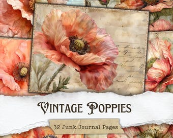 Vintage Poppies Junk Journal Pages, Floral Ephemera (Digital Download)