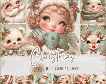 May include: A collage of Christmas-themed illustrations. The central image features a girl in a winter hat and mittens. Other images include Santa Claus, a snowman, a reindeer, and a teddy bear. The word "Christmas" is written in cursive, and the text "199 JUNK JOURNAL PAGES" is also present.