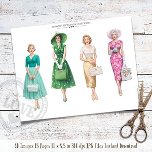 May include: A sheet featuring four illustrations of women in 1960s retro fashion. The women are wearing dresses and accessories. The text "1960S RETRO WOMEN FUSSY CUTS" is at the top. The paper measures 27.9 x 21.6 cm.