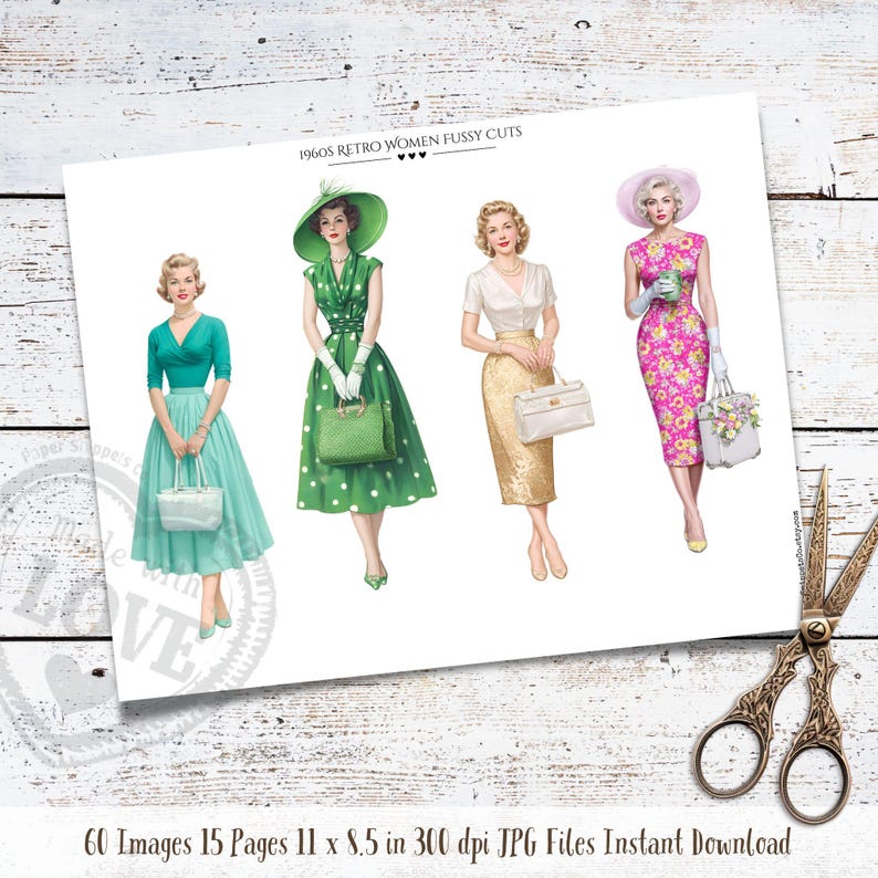 May include: A sheet featuring four illustrations of women in 1960s retro fashion. The women are wearing dresses and accessories. The text "1960S RETRO WOMEN FUSSY CUTS" is at the top. The paper measures 27.9 x 21.6 cm.