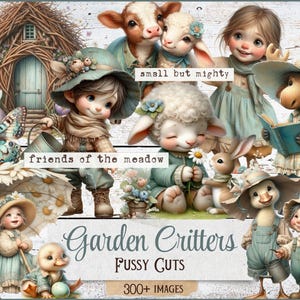 May include: A digital collage featuring whimsical garden critters, including a lamb, calf, bunny, and duckling, with the text "Garden Critters" and "Fussy Cuts". The image has a soft, pastel colour palette and includes the text "friends of the meadow" and "small but mighty".