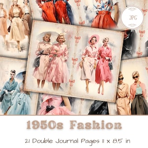 Afdrukbare pagina's mode uit de jaren 50, modejunkjournaal, jaren 1950 mode plakboekbenodigdheden, ephemera modeshow, vintage mode ambachten, vintage mode handwerk