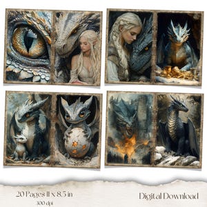 May include: A digital download featuring fantasy art with dragons and a woman. The artwork is divided into six panels with detailed illustrations of dragons, a woman, and a castle. The text at the bottom reads "20 Pages 11 x 8.5 in 300 dpi" and "Digital Download."