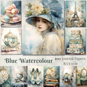 Blauwe aquarel ongewenste dagboekpagina's blauwe Shabby Chic printables Victoriaanse plakboekbenodigdheden Shabby Chic Ephemera Pastel Digital Papers
