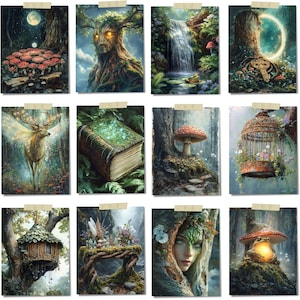 Peut inclure: Une collection de douze impressions d'art fantastiques repr&eacute;sentant des sc&egrave;nes de for&ecirc;t mystiques. Chaque impression pr&eacute;sente des &eacute;l&eacute;ments tels que des champignons lumineux, des cascades, un cerf ail&eacute;, un arbre avec un visage et un livre de contes. Le style artistique est d&eacute;taill&eacute; et fantaisiste.