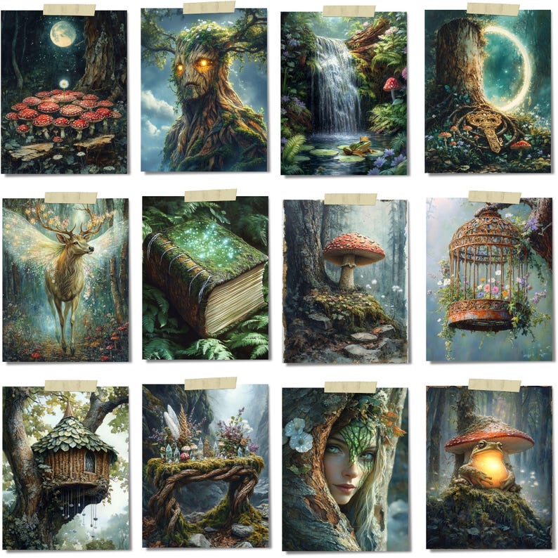 Peut inclure: Une collection de douze impressions d'art fantastiques repr&eacute;sentant des sc&egrave;nes de for&ecirc;t mystiques. Chaque impression pr&eacute;sente des &eacute;l&eacute;ments tels que des champignons lumineux, des cascades, un cerf ail&eacute;, un arbre avec un visage et un livre de contes. Le style artistique est d&eacute;taill&eacute; et fantaisiste.