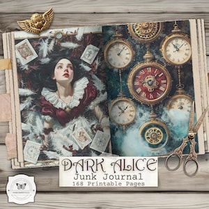 Puede incluir: Diario de chatarra abierto con el tema Dark Alice. La página izquierda presenta a una mujer con un vestido burdeos rodeada de plumas y naipes. La página derecha muestra relojes de bolsillo antiguos. El diario incluye el texto "Dark Alice Junk Journal 168 Printable Pages."