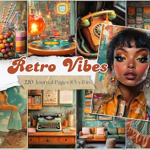 Pagine di diario retrò, carte digitali alla moda, fogli di collage vintage per scrapbooking funky, effimeri stampabili anni '70, kit per diario hippie