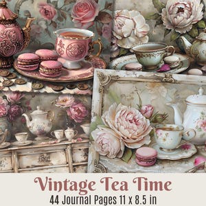 Theetijd ongewenste dagboekpagina's Vintage theekopjes afdrukbare items Tea Party digitale download antieke thee Scrapbooking benodigdheden Shabby Chic thee kortstondig