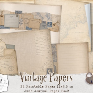 May include: A collection of vintage-style papers with a variety of designs, including maps, ledger pages, and lined paper. The papers feature aged textures, stamps, and decorative elements. The text "Vintage Papers" and "24 Printable Pages 11x8.5 in" are visible.