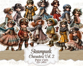 May include: A collection of steampunk-themed character cutouts. The characters are dressed in vintage clothing with goggles and hats. The color palette includes browns, yellows, blues, and reds. The text on the image reads "Steampunk Characters Vol. 2" and "Fussy Cuts 100+ Images."